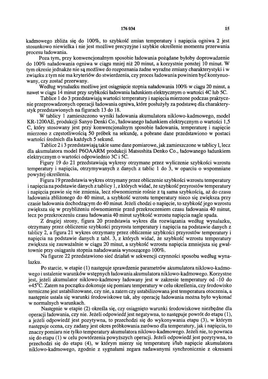 176 034 15 kadmowego zbliża się do 100%, to szybkość zmian temperatury i napięcia ogniwa 2 jest stosunkowo niewielka i nie jest możliwe precyzyjne i szybkie określenie momentu przerwania procesu