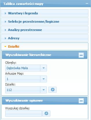 1.3.4.5 Działki Analogicznie należy postąpić w przypadku wyszukiwania Działek. Użytkownik musi wejść do tablicy zawartości mapy, a następnie wybrać z menu Działki.