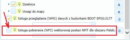 Pojawia się okno Menadżera WFS. Należy wybrać wyświetlaną warstwę i nacisnąć klawisz Dodaj.