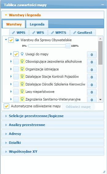 4. Mapa Główny obszar aplikacji JARC pokazujący obiekty na mapie należące do warstw dostępnych w ramach danego projektu. 5.