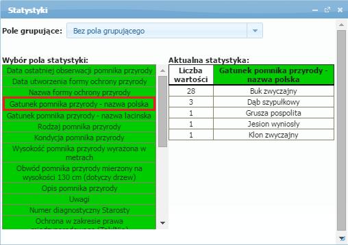 Możemy wybrać Pole grupujące oraz Pole statystyki: Podstawową statystykę możemy sprawdzić za pomocą wyboru pola statystyki.