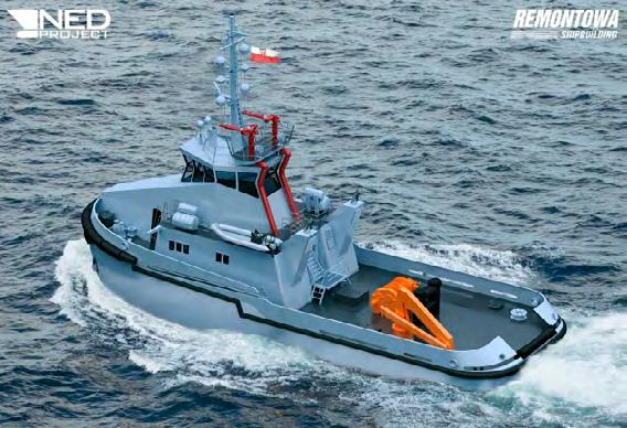 Wizualizacja holownika. Rys. Remontowa Shipbuilding wencyjnym nad zatwierdzaniem dokumentacji technicznej, budową oraz próbami sześciu holowników dla Marynarki Wojennej Rzeczypospolitej Polskiej.