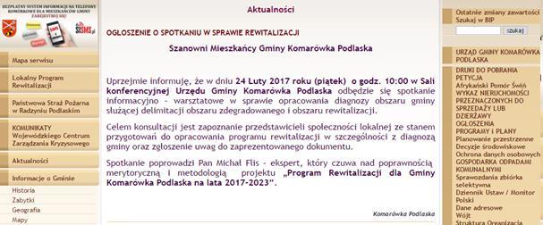 Rysunek 8 Ogłoszenie o upublicznieniu projektu Diagnozy obszaru gminy Komarówka Podlaska służącej delimitacji obszaru zdegradowanego i obszaru rewitalizacji Źródło: http://www.komarowkapodlaska.
