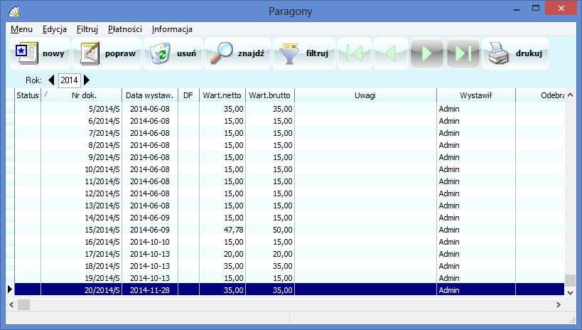 SOSPA System Obsługi SPA_ j Rys. 35. Lista paragonów. 7.4.1. Wypisywanie nowego paragonu.