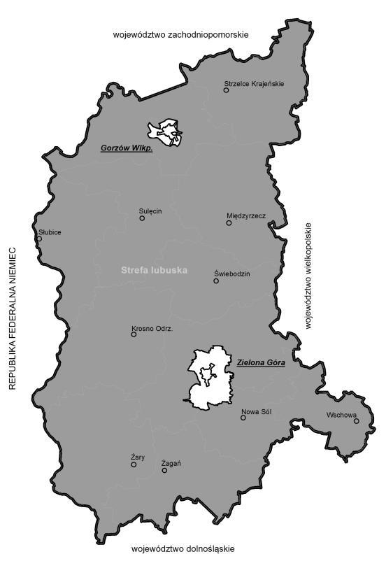 Rys. 16. Układ stref województwa lubuskiego dla oceny stężeń ozonu, dwutlenku siarki oraz tlenków azotu z uwzględnieniem kryteriów ochrony roślin.