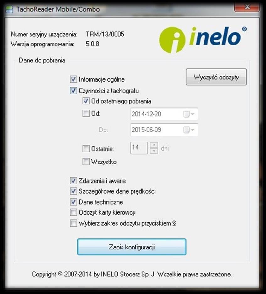 Informację ogólne - podstawowe informacje o tachografie; Czynności z tachografu - zdarzenia jazdy, pracy, gotowości lub postoju podzielone na poszczególne dni; Od ostatniego pobrania - zakres
