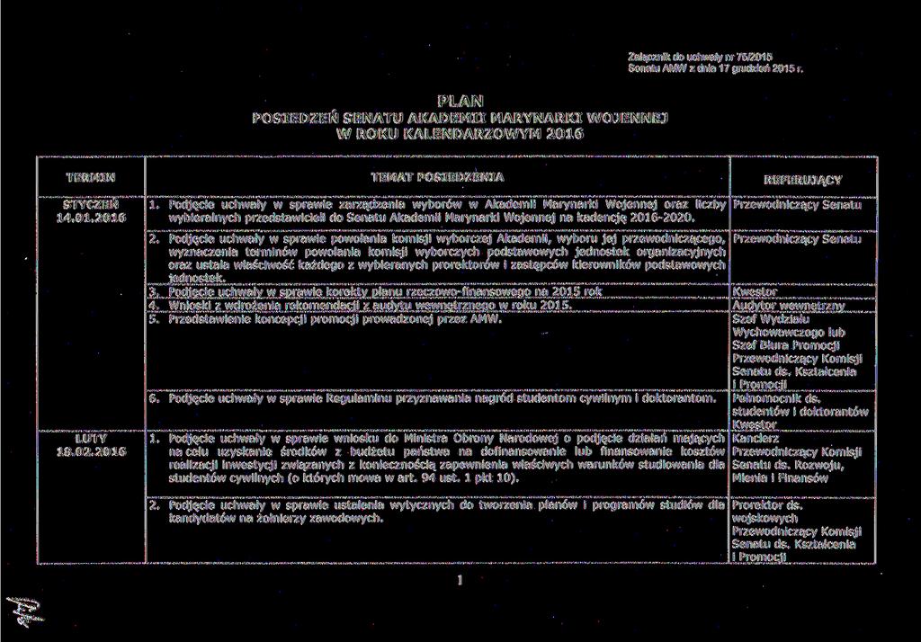 Załącznik do uchwały nr 75/2015 Senatu AMW z dnia 17 grudzień 2015 r. PLAN POSIEDZEŃ SENATU AKADEMII MARYNARKI WOJENNEJ W ROKU KALENDARZOWYM 2016 TERMIN STYCZEŃ 14.01.2016 TEMAT POSIEDZENIA 1.