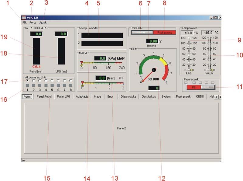 Okno główne Okno główne jest zawsze widoczne niezależnie od wybranego panelu ustawień lub odczytów i pozwala na ciągłą kontrolę wszystkich niezbędnych parametrów pracy silnika podczas zmiany ustawień