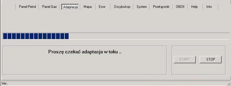 1. Przycisk startu adaptacji 2. Przycisk przerwania adaptacji 3. Pasek przebiegu procesu - w trakcie przebiegu procesu adaptacji pasek przesuwa się wskazując orientacyjny czas do zakończenia procesu.