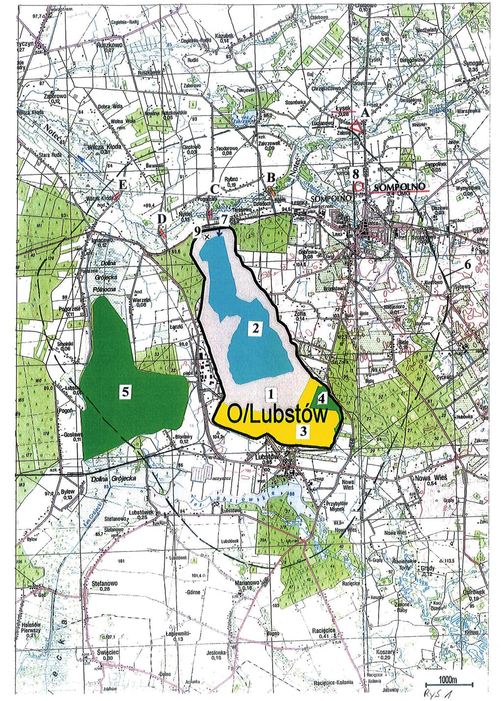 GÓRNICTWO ODKRYWKOWE Rys. 1. Mapa poglądowa rejonu wyrobiska końcowego odkrywki Lubstów PAK KWB Konin oraz lokalizacja sieci pomiarowej 1 wyrobisko końcowe, 2 zasięg zbiornika (stan na koniec lipca r.