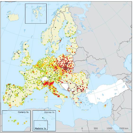 Koncentracja pyłu PM10 w powietrzu krajów europejskich Żródło: Raport Air quality in Europe 2016