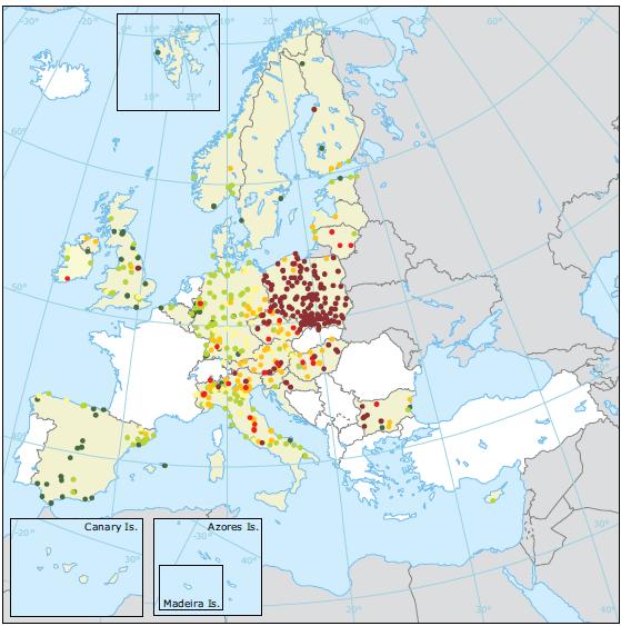 Koncentracja benzo(a)pirenu w powietrzu krajów europejskich Żródło: Raport Air quality in Europe 2016