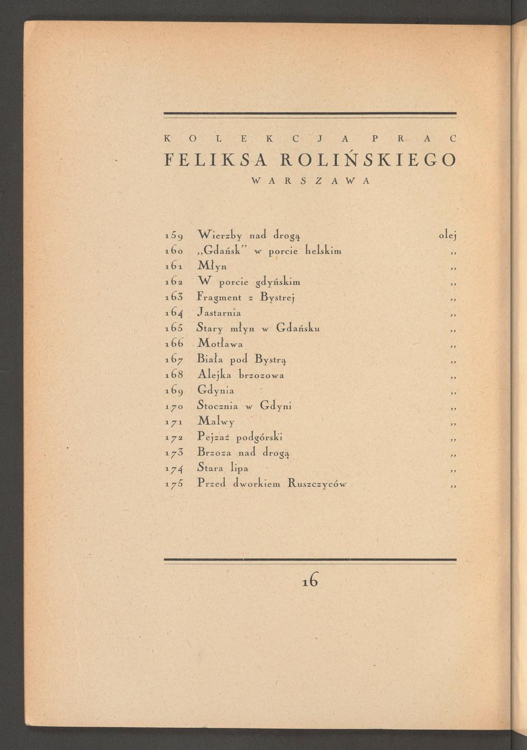 K O L E K C J A P R A C FELIKSA KOLIŃSKIEGO W A R S Z A W A i 5 9 W jerzty nad drogą olej lbo Gdańsk w porcie lielskim 161 JMlyn porcie gdyńskim xb3 Fragment z Bystrej 164 Jastarnia 1 65 Stary