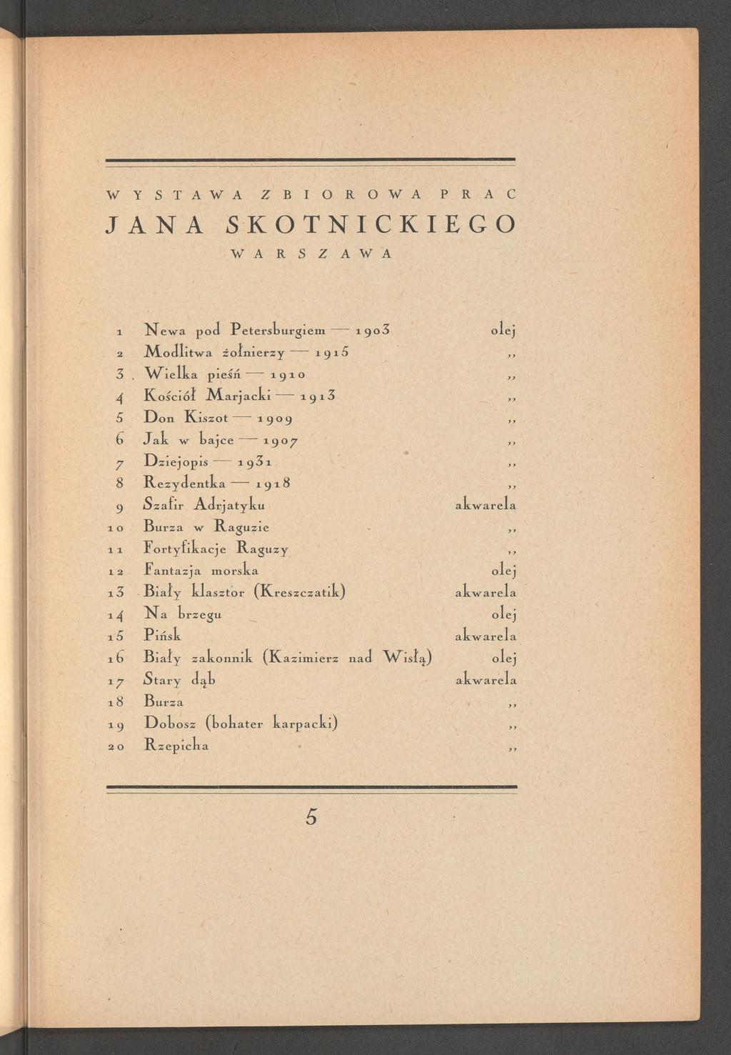 JANA SKOTNICKIEGO W A R S Z A W A 1 Newa pod Petersburgiem ~r 1903 olej 3 jmodlitwa żołnierzy 191^ 7 y 3, W ielka pieśń 1 9 1 0 7 7 4 Kościół JVLarjacki 1913 7 7 5 Don Kiszot ~~~ 1 9 0 9 7 7 6 Jak w