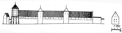 114 STRAIPSNIAI Napoleonas KITKAUSKAS 23 pav. M. Moreliovskis. Vilniaus Žemutinės pilies gynybinės sienos ruožas ties I oficina; jos kairėje Tvardovskio bokštas (MAB RS, f. 9, b. 3039, l.