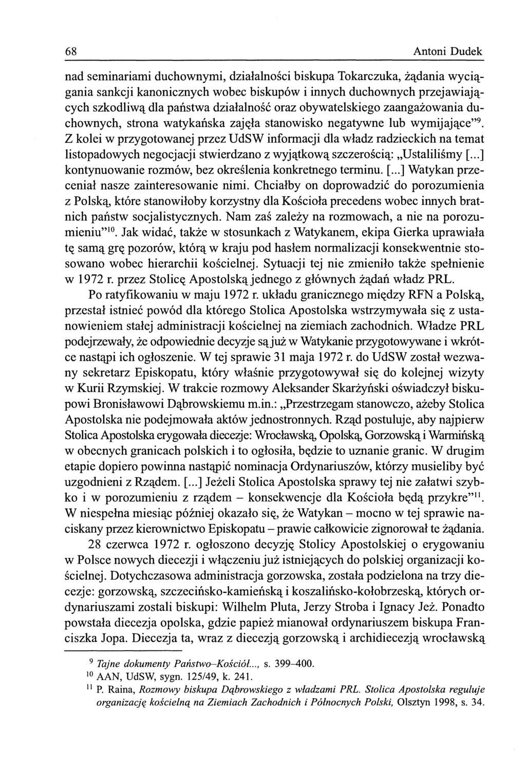 68 Antoni Dudek nad seminariami duchownymi, działalności biskupa Tokarczuka, żądania wyciągania sankcji kanonicznych wobec biskupów i innych duchownych przejawiających szkodliwą dla państwa