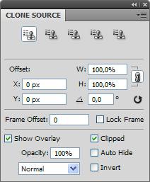 Powiel źródło (Clone Source) Paleta Powiel źródło (Clone Source) odnosi sie do użycia narzędzia Stempel (Clone Stamp Tool).