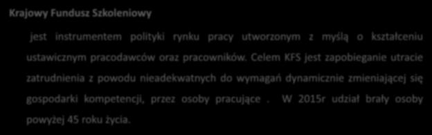 KRAJOWY FUNDUSZ SZKOLENIOWY W 2015r Krajowy Fundusz Szkoleniowy jest instrumentem polityki rynku pracy utworzonym z myślą o