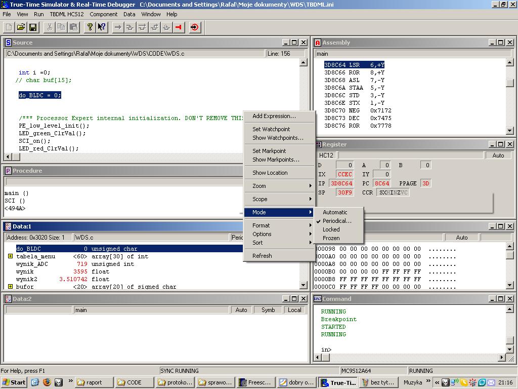 Rysunek 3.7: Opcje podgl dania zmiennych Rysunek 3.8: Bean generatora PWM Bean Selector w sekcji PWM. Po dodaniu ukazuje si okno przedstawione na 3.4.