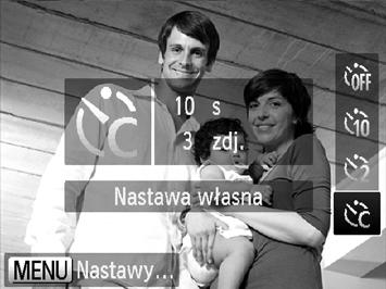 Korzystanie z samowyzwalacza Dostosowywanie samowyzwalacza Możliwa jest zmiana opóźnienia (0 30 sekund) oraz liczby zdjęć (1 10 zdjęć). Wybierz ikonę $. Wykonaj czynności podane w punkcie 2 na str.