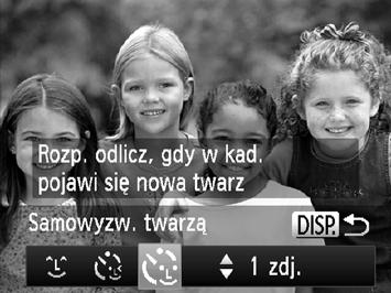 Wykrywanie twarzy podczas fotografowania (inteligentna migawka) Korzystanie z funkcji samowyzwalacza twarzą Migawka zostanie wyzwolona około dwóch sekund po wykryciu przez aparat nowej twarzy (str.