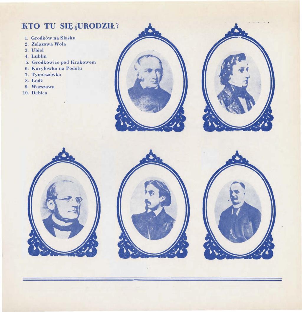 _KTO TU SIĘ,URODZIŁ? 1. Grodkó"'' na Sląsku 2. Zelazowa Wola 3. Ubiel 4. Lublin 5.