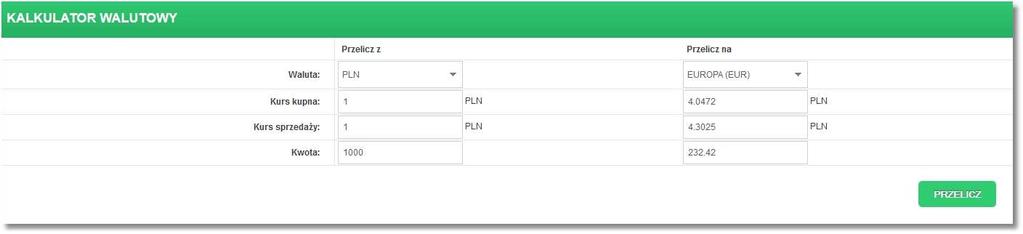 Następnie należy podać kwotę danej waluty, jaką chcemy przeliczyć. W kolumnie Przelicz na w wierszu Waluta wybrać z dostępnej listy walutę do obliczeń tą, na którą chcemy dokonać zamiany.