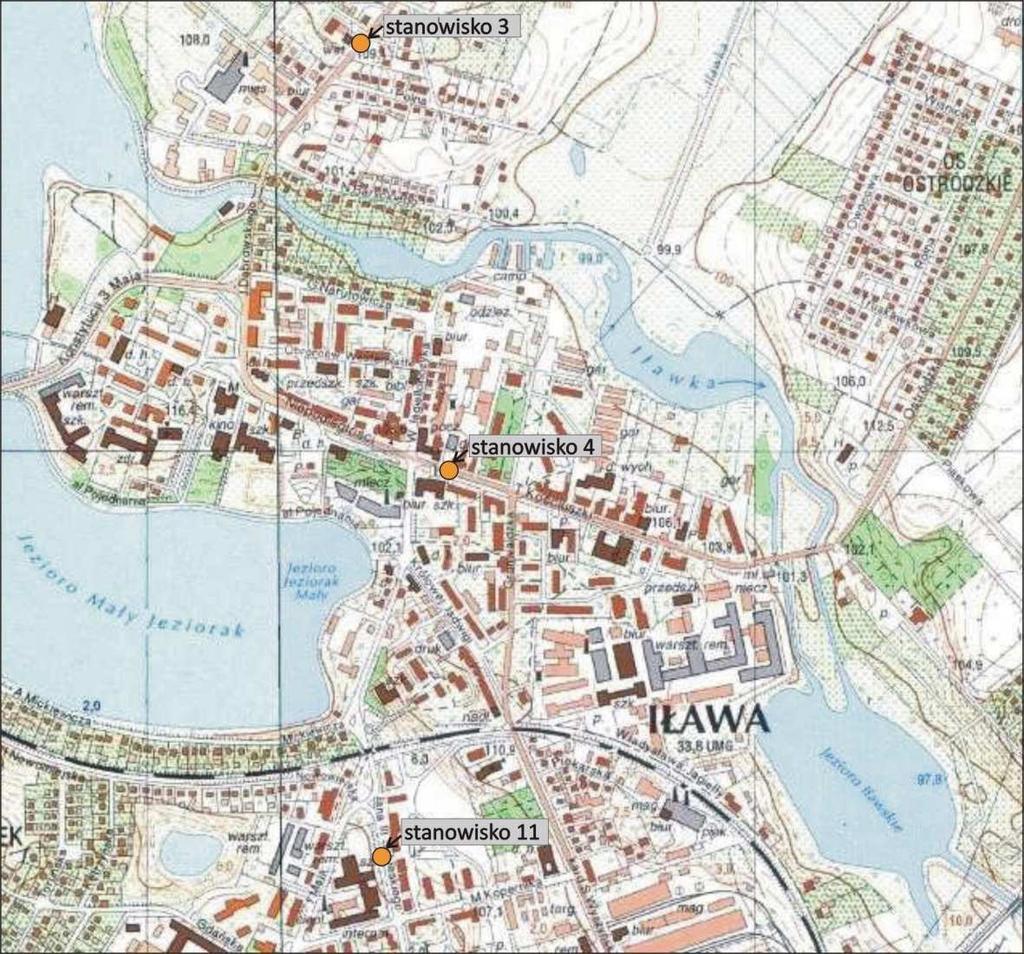 Rys. 1. Lokalizacja punktów pomiarowych hałasu komunikacyjnego w Iławie w 2012 roku Tabela 3.
