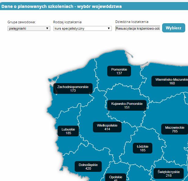 Po wyborze województwa zostanie wyświetlona lista placówek szkoleniowych realizujących