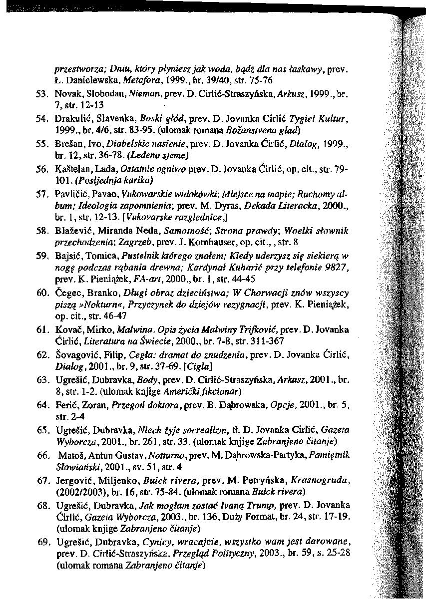 przestworza; Dniu, który płyniesz jak woda, bądź dla nas łaskawy, prev. Ł. Danielewska, Metafora, 1999., br, 39/40, str. 75-76 53. Novak, Slobodan,Nieman,prev.D.Cirlić-Straszyńska,Arkusz, 1999.,br.
