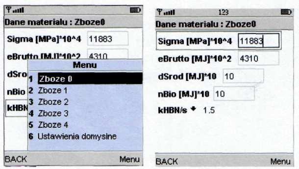 Rysunek 5 Podstawowa formatka definiowania cech wsadu rozdrabniania: wybór materiałów (po lewej), konfigurowalne cechy wsadu (po prawej) Za pomocą przycisku Menu można wybrać z listy menu podręcznego