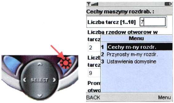 Rysunek 9 Menu podręczne - konfiguracja cech podstawowych zespołu roboczego (1) lub konfiguracja przyrostów liczby otworów i ich promienia