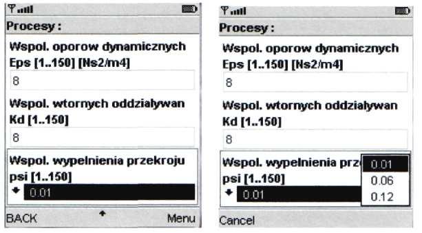 Rysunek 14 Kolejne odsłony menu konfiguracji ustawień procesu rozdrabniania Rysunek 15 Wybór wartości współczynnika wypełnienia