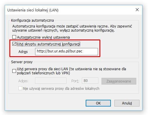 3.3 Zaznaczamy pole Użyj skryptu automatycznej konfiguracji, a w polu Adres wpisujemy: http://bur.ur.edu.pl/bur.pac 3.