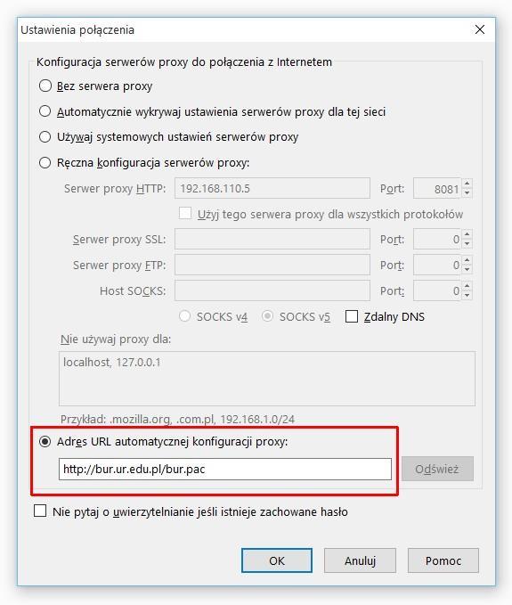 5.3 Zaznaczamy Adres URL automatycznej konfiguracji proxy i w pole wpisujemy: http://bur.ur.edu.pl/bur.pac 5.4 Zatwierdzamy zmiany przyciskiem OK, aby powrócić do przeglądarki.