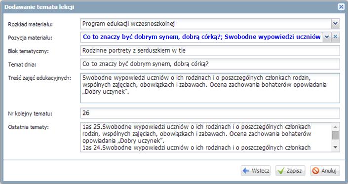 Korzystanie z dziennika w sytuacjach złożonych Wybór zagadnienia realizowanego na danej lekcji odbywa się poprzez zaznaczenie Pozycji materiału.