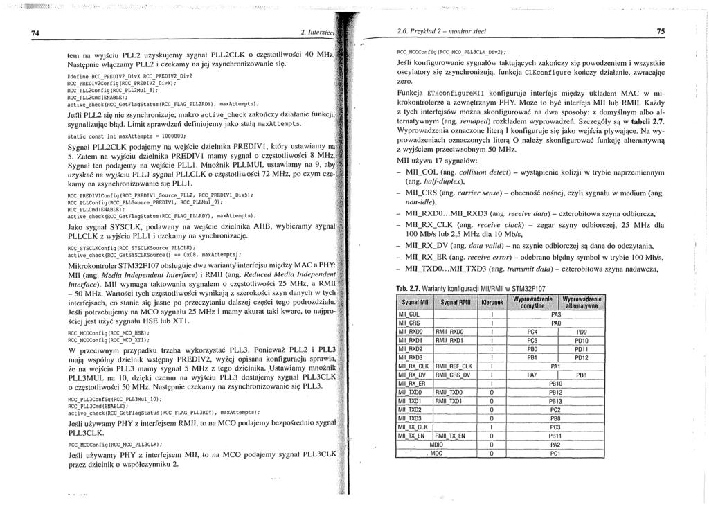 74 2. Intersieci 2.6. Przykład 2 monitor sieci 75 tem na wyjściu PLL2 uzyskujem y sygnał PLL2CLK o częstotliw ości 40 MHz, Następnie włączamy PLL2 i czekam y na jej zsynchronizow anie się.