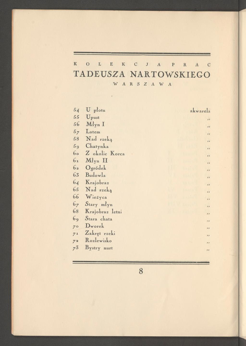 k o l e k c j a p r a c TADEUSZA NARTOWSKIEGO W A R S Z A W A 54 U płotu 55 Upust 56 JMJyn I 5/ Latem 58 l^tad rzeką 5 g Cbatynka 60 Z okolic K 6x M ły n I I 62