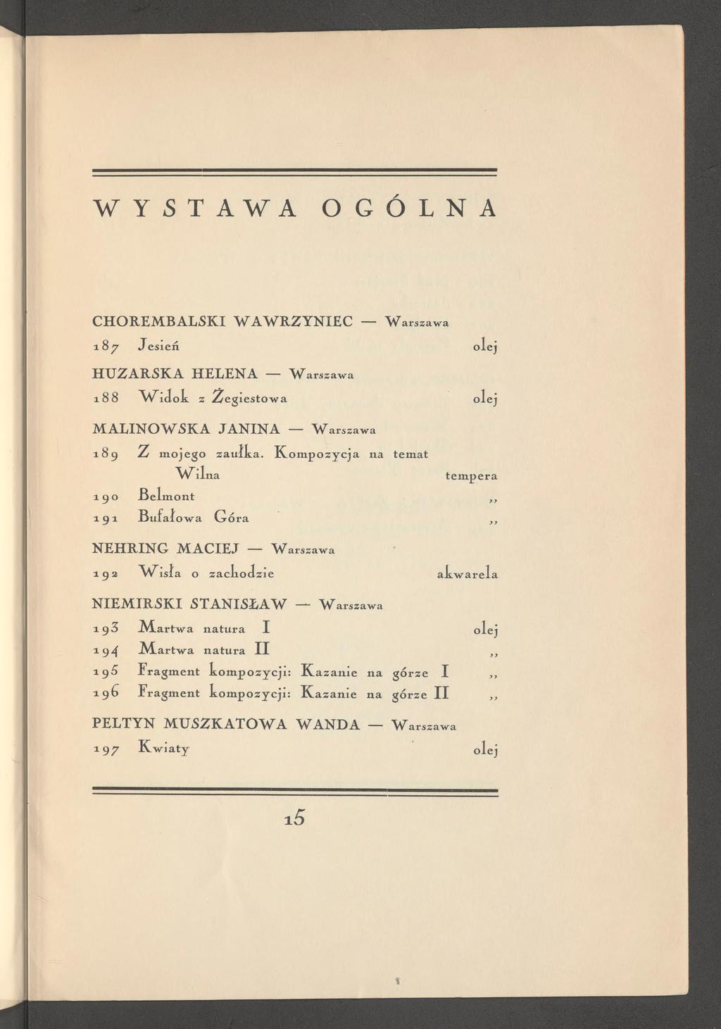 WYSTAWA OGÓLNA CHOREM BALSKI W AW R ZYN IE C Warszawa 18 7 Jesień lej H U ZARSKA HELENA Warszawa 188 W idok z Żegiestowa olej M ALIN O W SK A JANINA Warszawa 189 Z mojego zaułka.