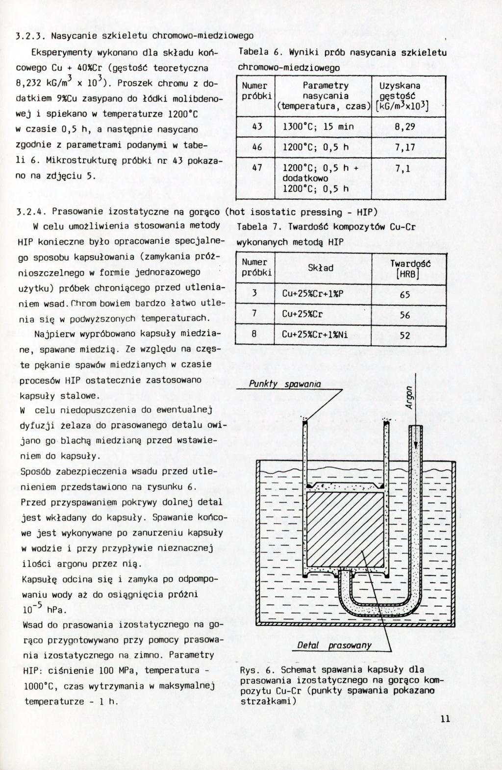 3.2.3. Nasycanie szkieletu chromowo-miedziowego Eksperymenty wykonano dla składu końcowego Cu + 40%Cr (gęstość teoretyczna 8,232 kg/n? x lo').