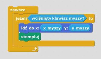 Teraz czas na wstawienie instrukcji, dzięki której nasz program zacznie rysować. Program powinien cały czas czuwać, wyczekując kliknięcia ze strony użytkownika.