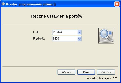 Jeżeli wybraną przez nas metodą połączenia był port USB lub RS232 kolejnym krokiem jest ustawienie konfiguracji portu.