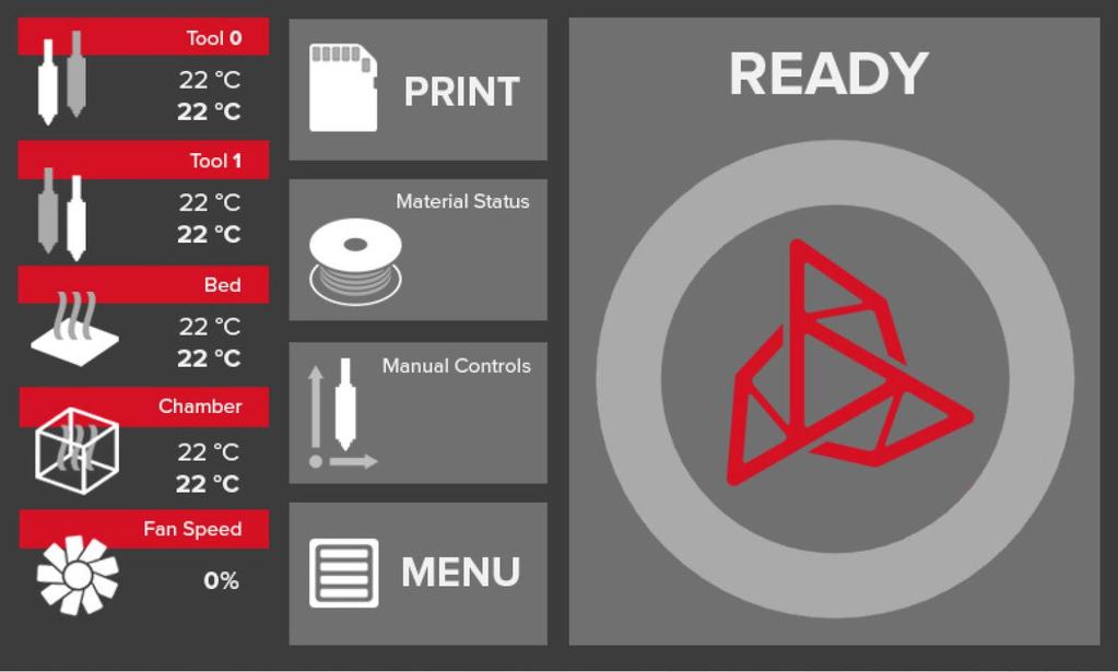 11. PODSTAWOWE FUNKCJE MENU 3DGence INDUSTRY jest wyposażona w kolorowy wyświetlacz LCD. Jest to interfejs drukarki, gdzie operator może dostosowywać drukarkę.