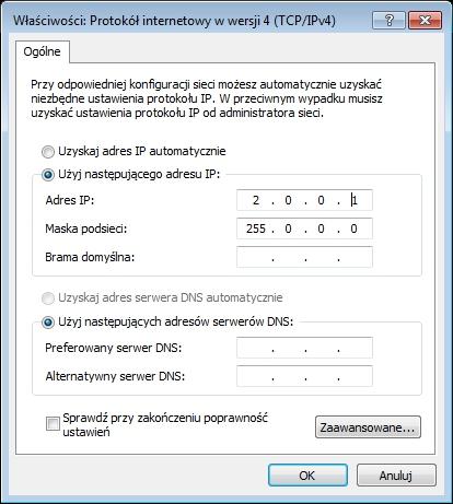 Przykładowo: IP: 2.0.0.1 maska: 255.0.0.0 2.