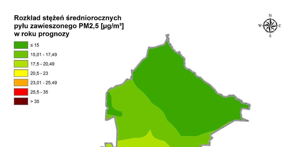 Rysunek 3 Rozkład stężeń pyłu zawieszonego PM2,5 o okresie uśredniania wyników rok kalendarzowy z emisji całkowitej na terenie strefy miasto Radom w roku prognozy 2024 W przypadku pyłu zaw.