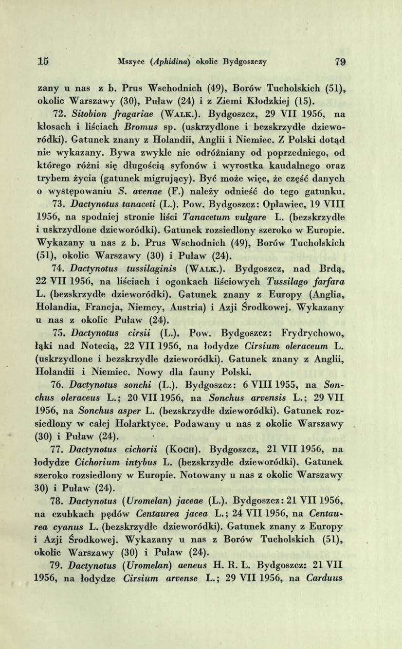 1 5 Mszyce (Aphidina) okolic Bydgoszczy 79 zany u nas z b. Prus W schodnich (49), Borów Tucholskich (51), okolic W arszaw y (30), P uław (24) i z Ziem i K łodzkiej (15). 72.