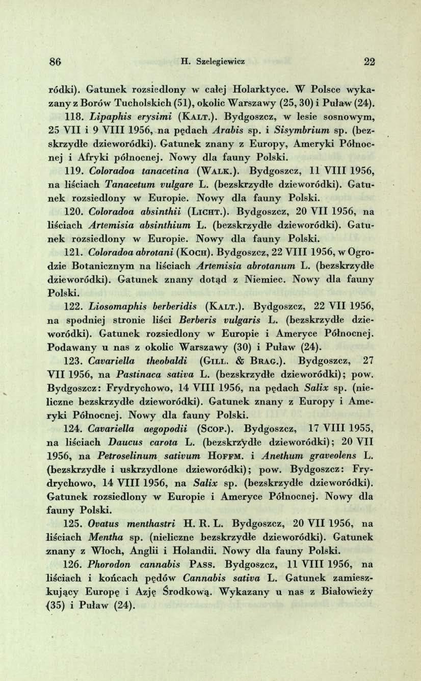 8 6 H. Szelegiewicz 2 2 ródki). G atunek rozsiedlony w całej H olarktyce. W Polsce w ykazany z Borów Tucholskich (51), okolic W arszaw y (25, 30) i P uław (24). 118. L ip aphis erysim i (K a l t.). B ydgoszcz, w lesie sosnowym, 25 Y II i 9 V III 1956, n a p ędach A rabis sp.