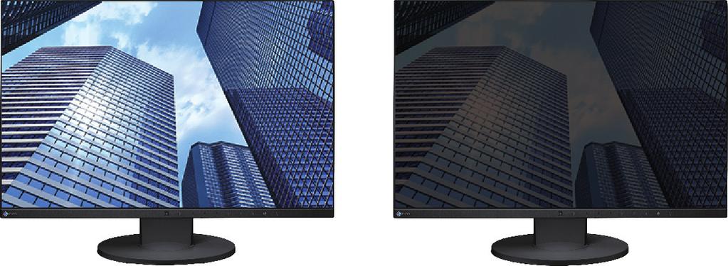 Monitory z serii FlexScan EV eliminują migotanie obrazu, samym zmiany koloru i kontrastu przy patrzeniu na ekran z boku. sposobu, w jaki podświetlenie LED kontroluje jasność.