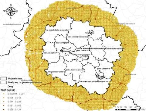 Rysunek 6 Lokalizacja instalacji, których eksploatacja powoduje wprowadzenie do powietrza B(a)P, rozmieszczonych w pasie 30 km wokół stref województwa