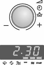Przykad: podgrzewanie zupy z moc) 630 W przez 2 i pó( minuty. 1. Wprowadzi+ czas gotowania obracaj)c pokrt(o ZEGAR/WAGA/MOC w kierunku zgodnym z ruchem wskazówek zegara (2 minuty i 30 sekund). 2. Wybra+ sposób gotowania jednokrotnie wciskaj)c przycisk TRYB PRACY (tylko mikrofale).